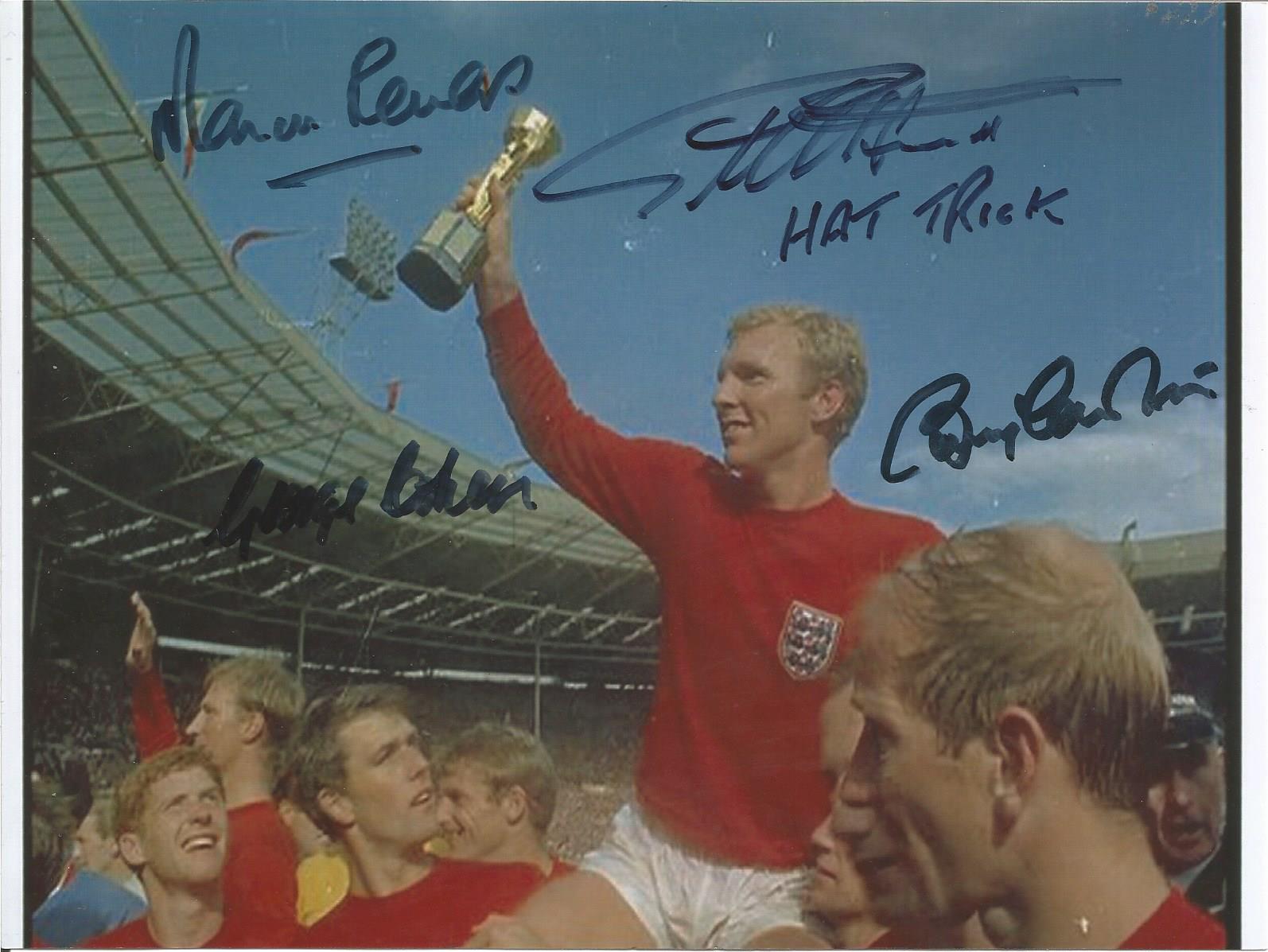 1966 World cup multiple signed 7 x 5 colour photo signed by Bobby Charlton, Geoff Hurst, George