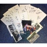 Music signed collection. 22 items. Assortment of signed album pages, flyers and photos. Some of