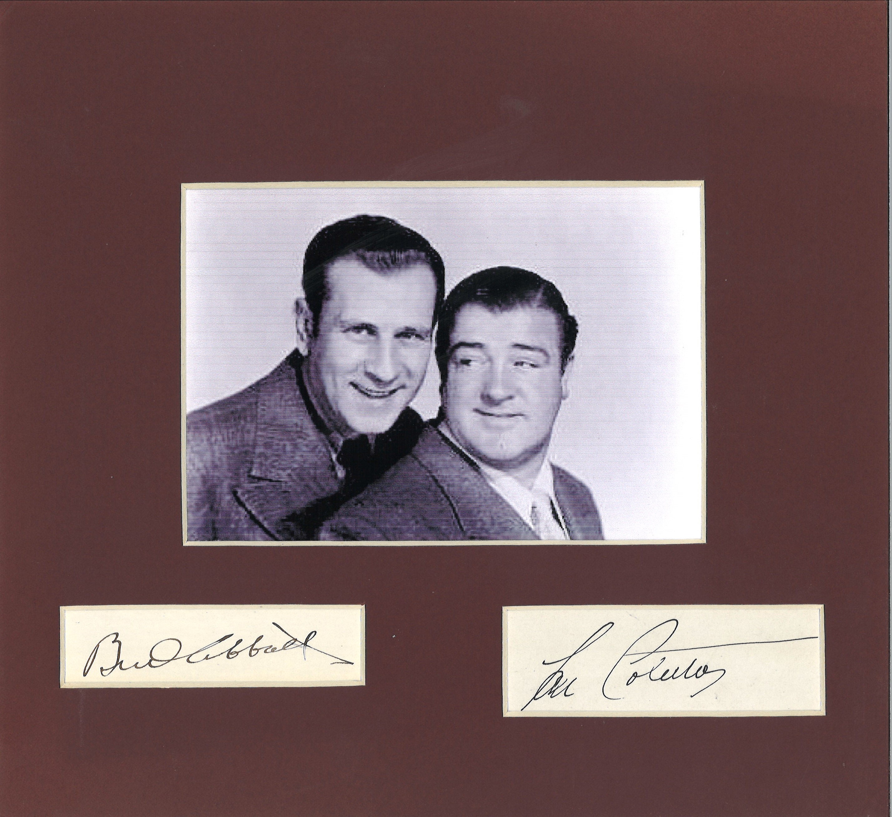 Abbott and Costello autograph album page mounted with photo to approx 8 x 8 inches overall. Good