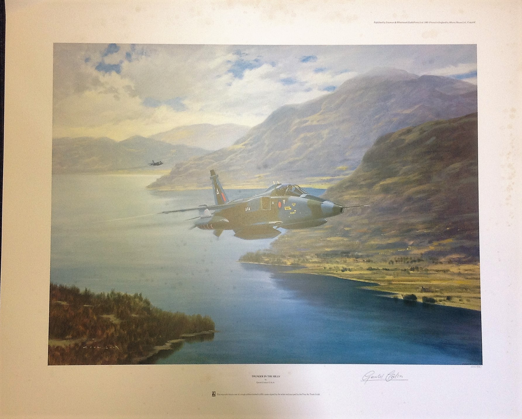 RAF Aviation print 26x32 approx titled Thunder in the Hills signed in pencil by the artist Gerald