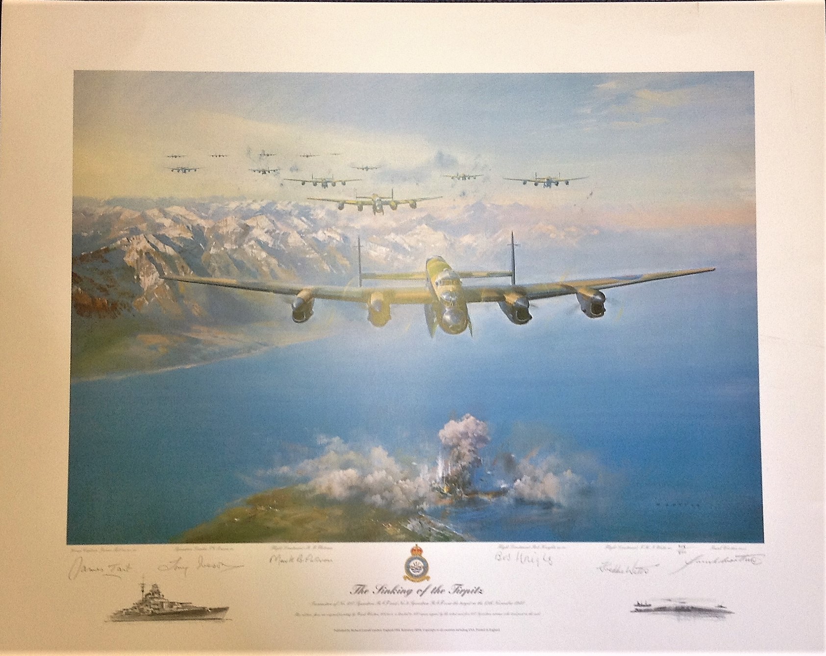 World War Two print 23x29 approx titled The Sinking of the Tirpitz by the artist Frank Wootton 305/