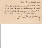 Rene Benjamin signed note in French vintage autograph card. René Benjamin was a French author. In