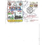 Multi signed Dawn cover 100th Manchester league Derby match. Signed by Denis Law, George Best,