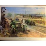 Historical Print approx 33x26 titled Bentleys at Le Mans 1929 by the artist Terence Cuneo.