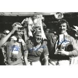 Football Autographed 12 x 8 Photo, Depicting Jimmy Nicholl, Jimmy Greenhoff And Alex Stepney