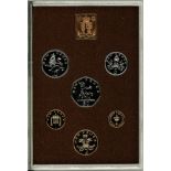 UK GB 1980 Proof coin set, mounted in a plastic display case, with a protective outer case. The