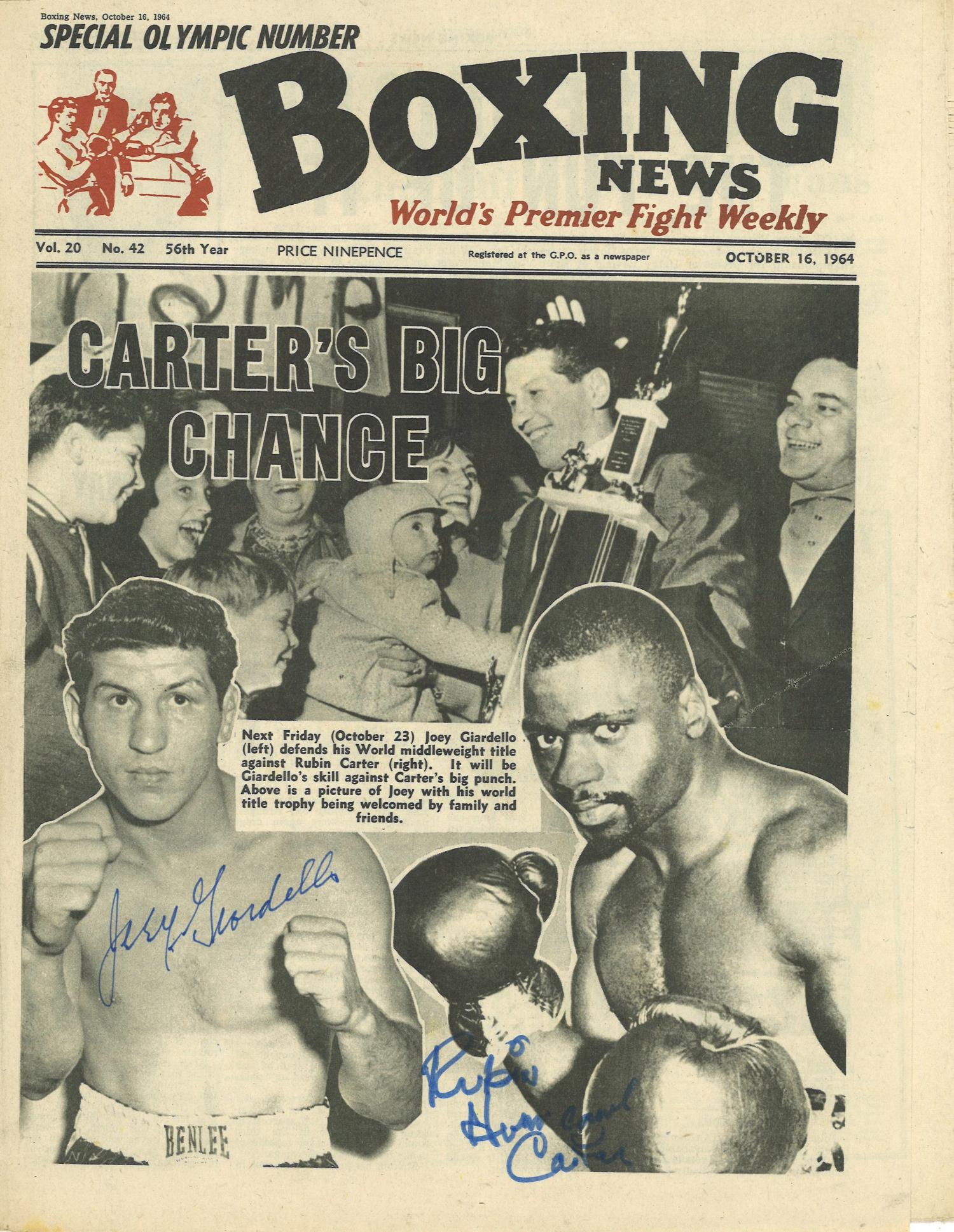 Boxing News vintage newspaper 16th Oct 1964 signed on the front by Joey Giardiello and Rubin Carter.