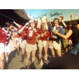 Football Jimmy Greenhoff and Alex Stepney signed 16x12 colour photo pictured celebrating after