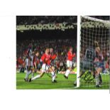 Football Ole Gunnar Solskjær and Teddy Sheringham 11x14 signed colour photo pictured scoring for