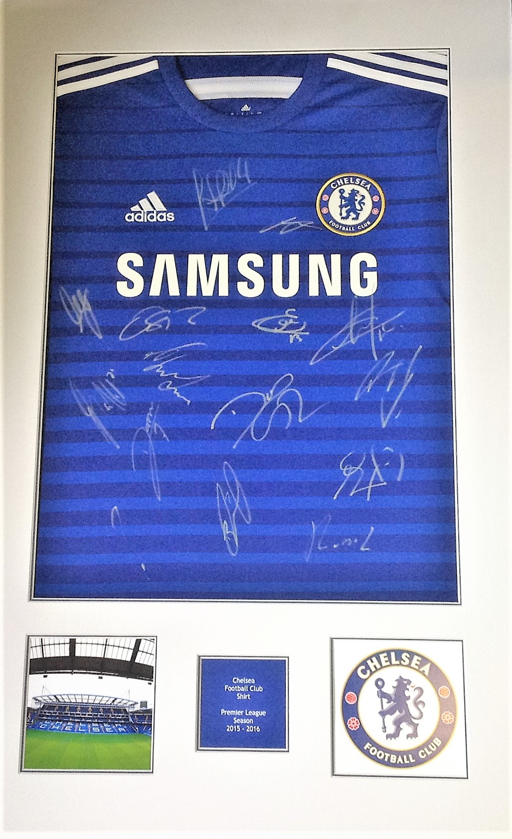 Football Chelsea mounted replica home shirt signed by 14 members of the squad from the 2015-16