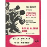 Boxing Billy Walker v Jose Menno vintage fight programme Royal Albert Hall 25th October 1966. Good