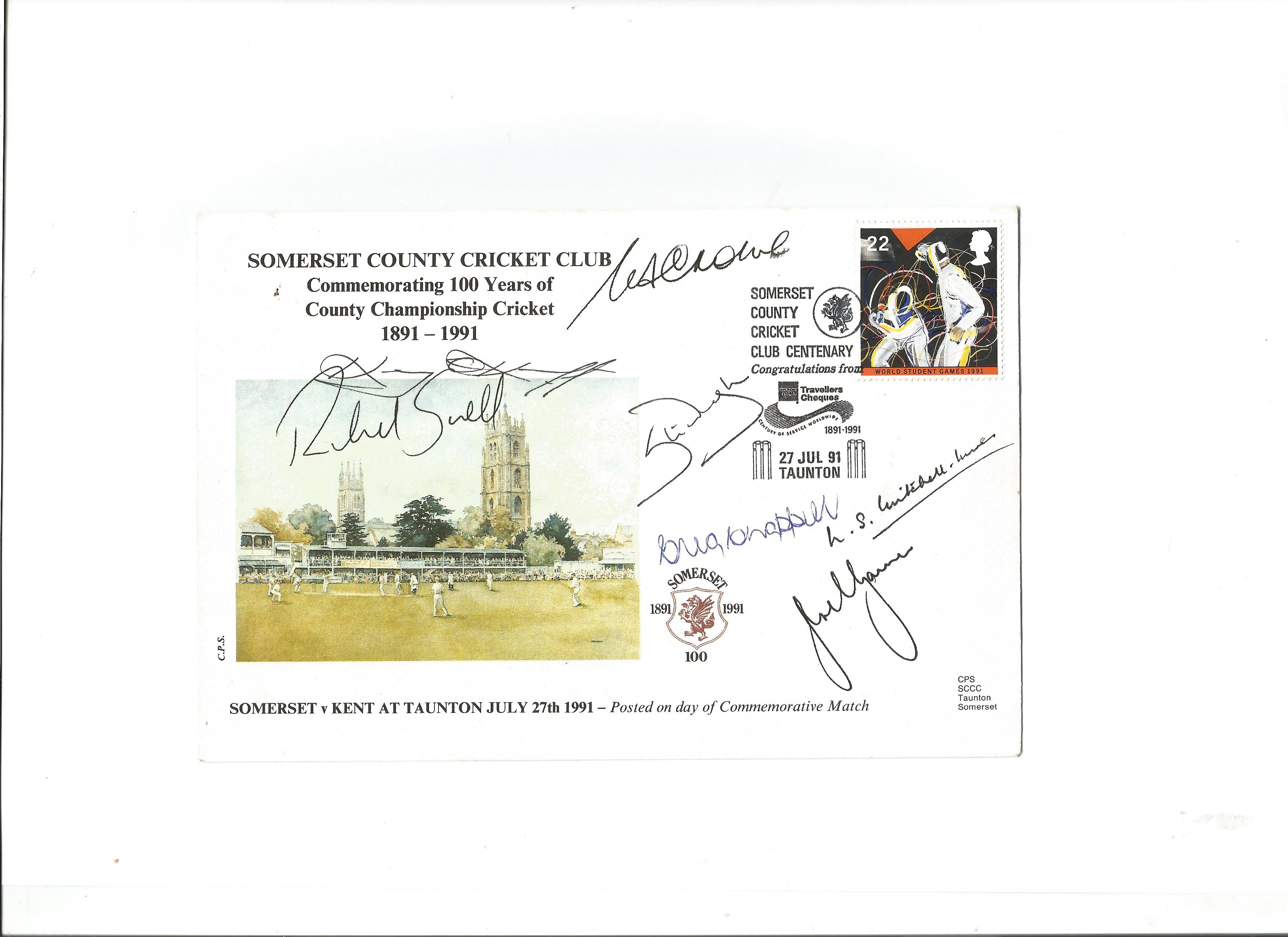 Cricket Somerset C. C. C commemorating 100 years of county cricket 1891-1991 cover signed by Richard