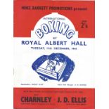 Boxing Dave Charnley v J. D Ellis vintage fight programme Royal Albert Hall 11th December 1962. Good