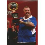 Darts Phil The Power Taylor 12x8 signed colour photo pictured holding the World Championship Trophy.