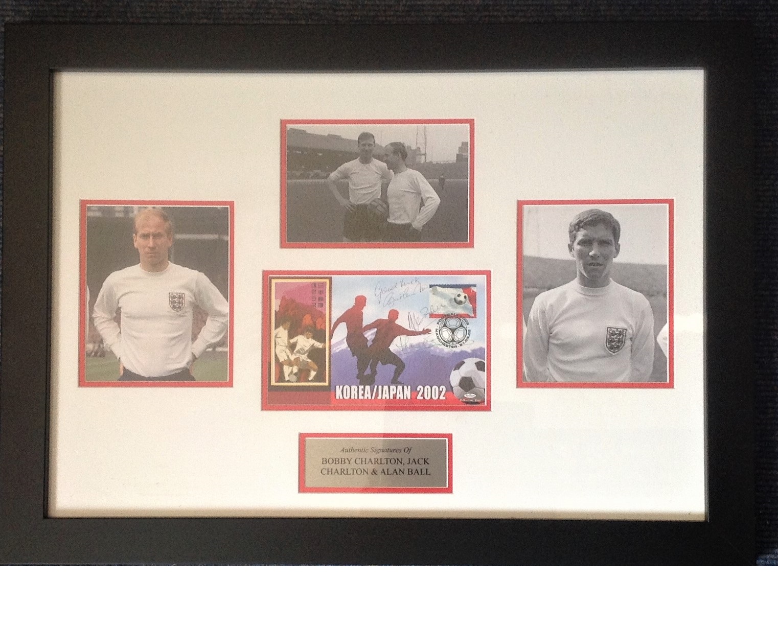 Football Bobby Charlton, Jack Charlton and Alan Ball 18x25 framed and mounted signature piece