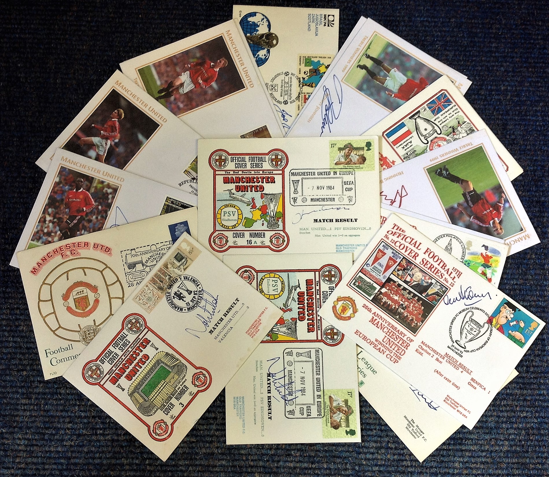 Football Manchester United FDC collection 8 signed covers and 8 Treble FDCs with PRINTED