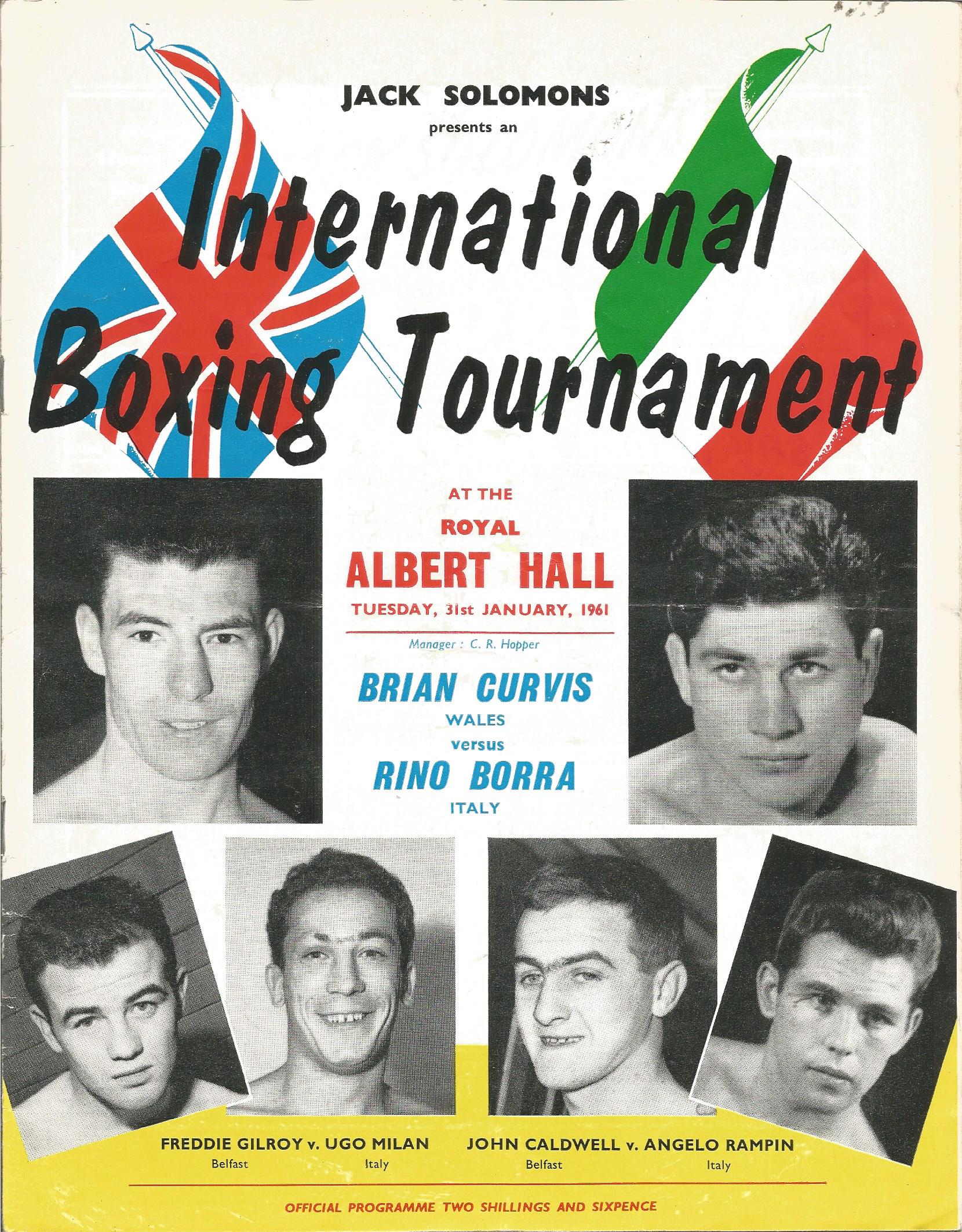 Boxing Brian Curvis v Rino Borra vintage fight programme Royal Albert Hall 31st January 1961. Good