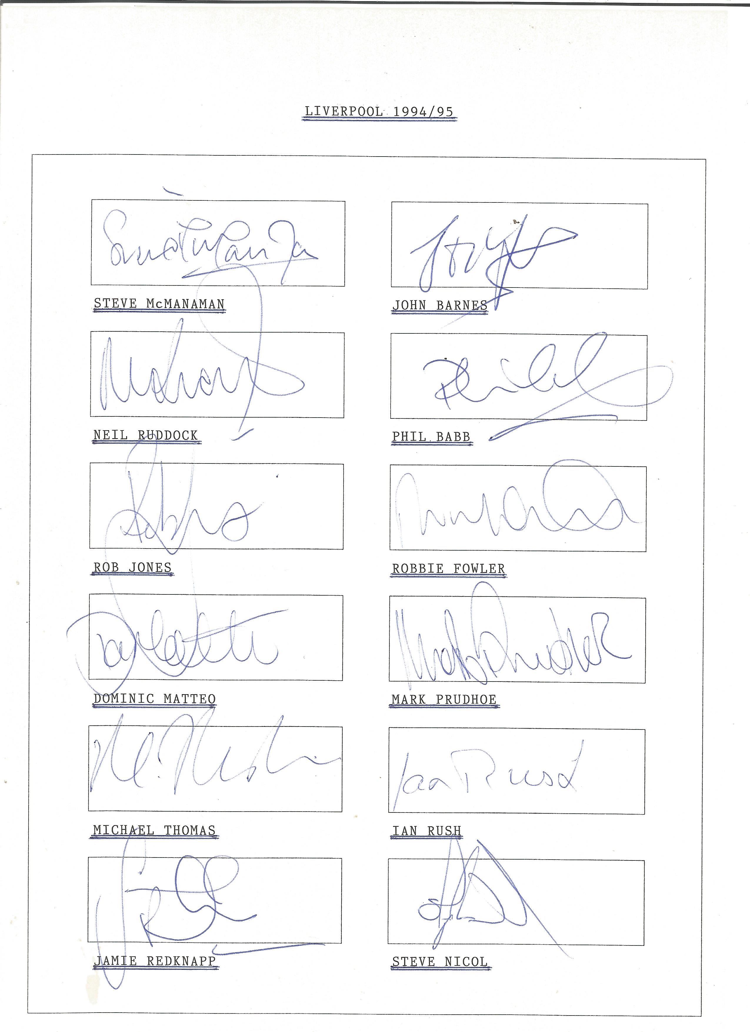 Football Liverpool collection includes 20 signatures on two A4 team sheets 1994/95 season signatures