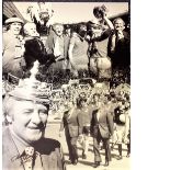 Football Tommy Docherty 16x12 signed b/w montage photo pictured celebrating after Manchester Uniteds