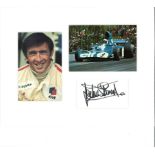 Jackie Stewart signature piece mounted below colour photo of him racing and alongside colour