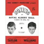 Boxing Frankie Taylor v Lennie Williams vintage fight programme Royal Albert Hall 9th April 1963.