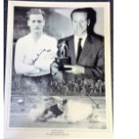 Football Sir Tom Finney 16x12 signed b/w montage photo pictured receiving PFA award and the iconic