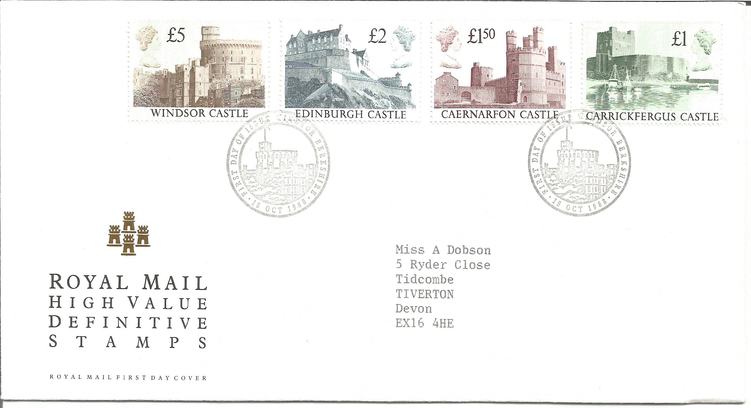 1988 £1, £1. 5, £2, £5 values Royal Mail High value Definitives FDC. 18/10/88 Windsor FDI