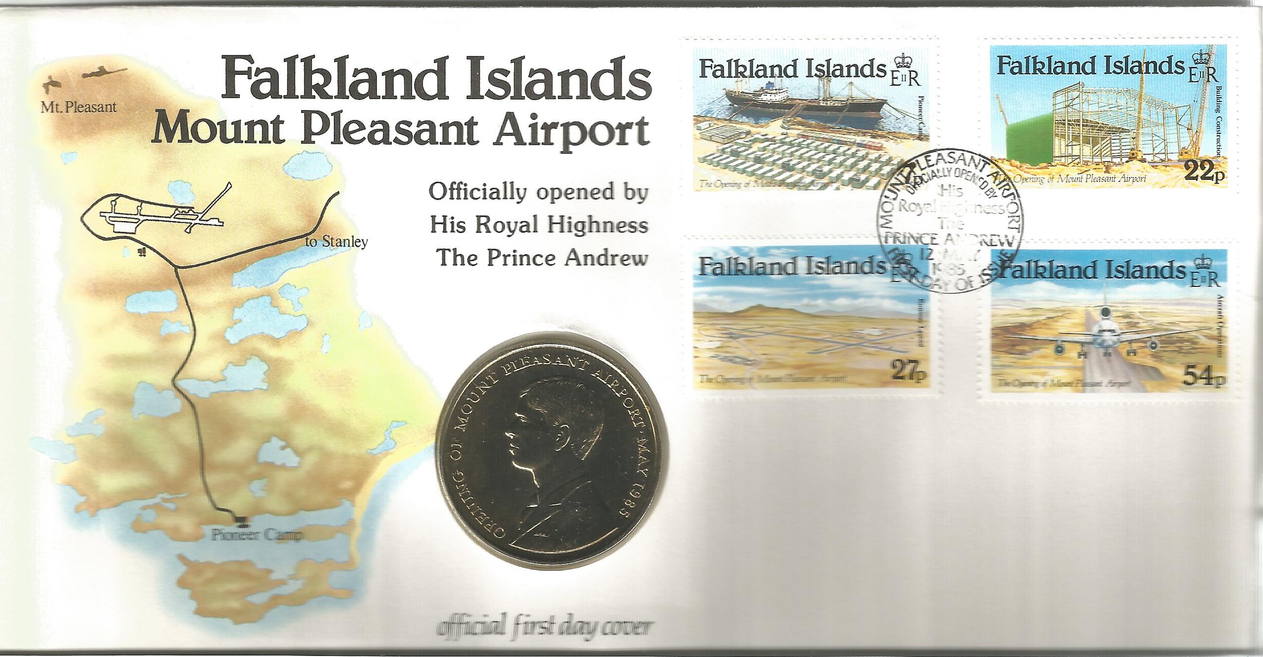 Falkland Islands Mount pleasant airport 1985 FDC. 50p Falkland Island coin inset. Good Condition.