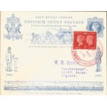 1940 Q Victoria 1d red stamp on Uniform Penny Postage illustrated envelope Red Cross Exhibition