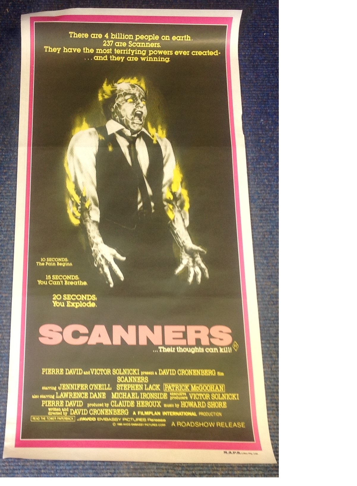 Scanners 1981 David Cronenberg Original Film Daybill Poster. Good Condition. All signed pieces