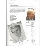 Adam Faith signed 6 x 4 Parlophone records photo with biography page. Good Condition. All signed
