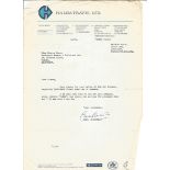 Bobby Charlton TLS on Halba Travel Ltd headed paper concerning a visit. Few creases and marks to
