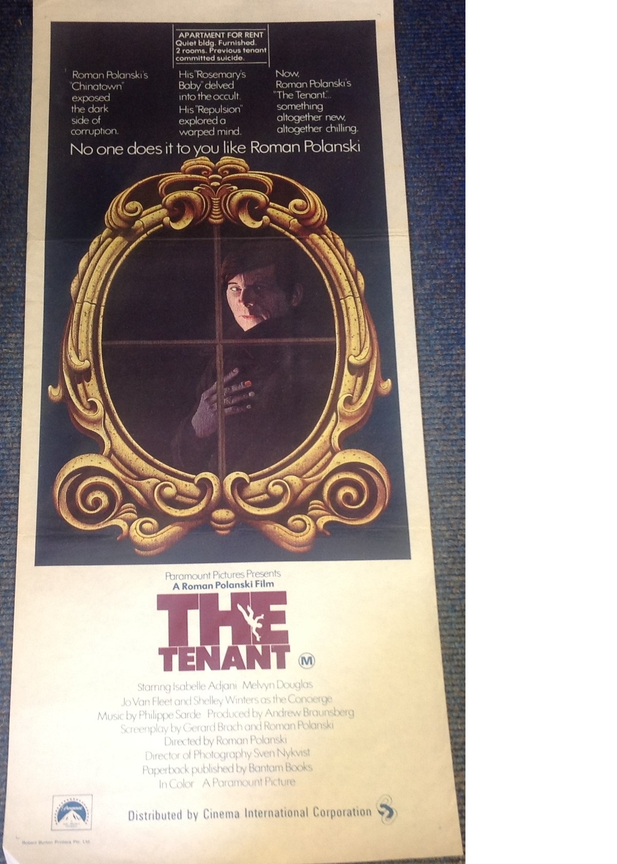 The Tenant 1976 Roman Polanski Original Film 13x30 Daybill Poster. Good Condition. All signed pieces