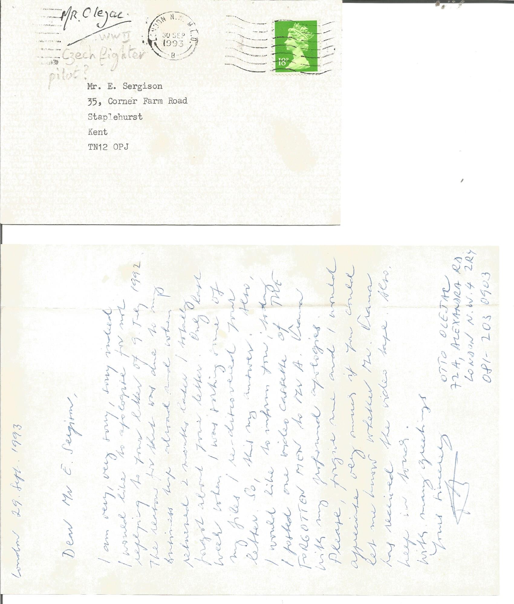 Otto Olejac Czech WW2 fighter ace handwritten letter to BOB historian Ted Sergison. Good