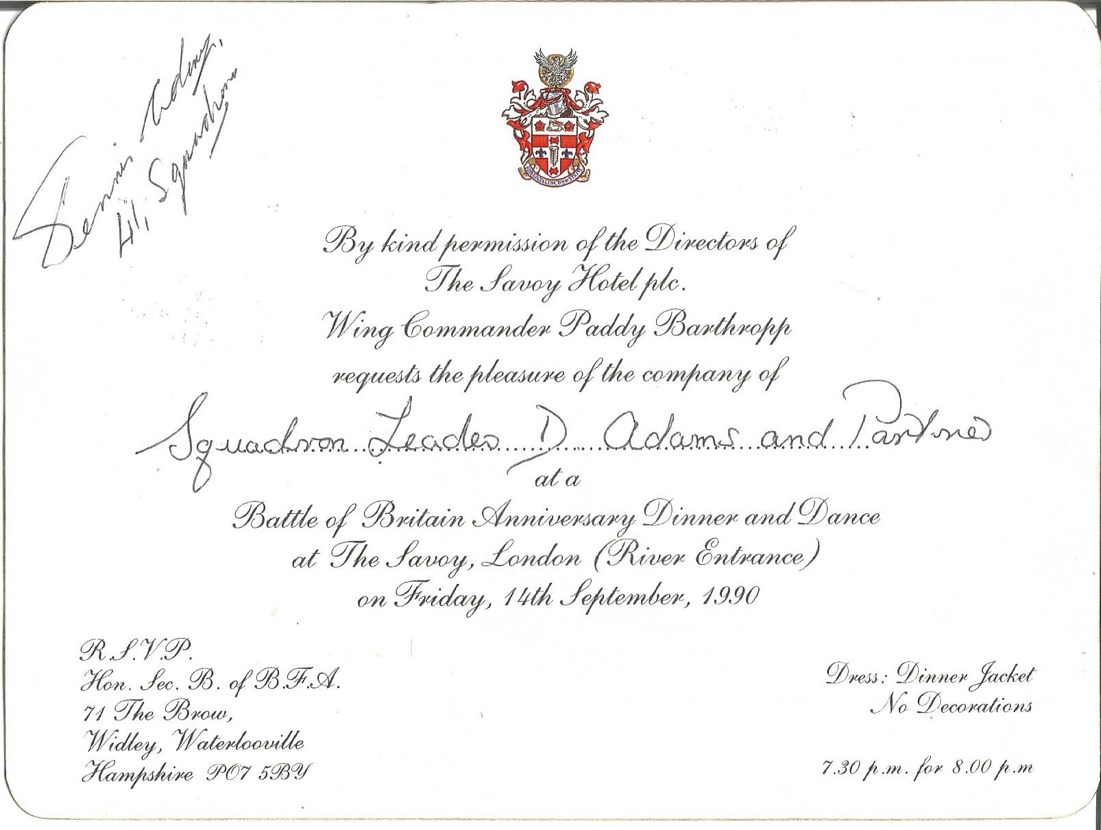 Battle of Britain multisigned 50th ann Fighter Association Dinner Menu card, signed by D Armitage - Image 2 of 3