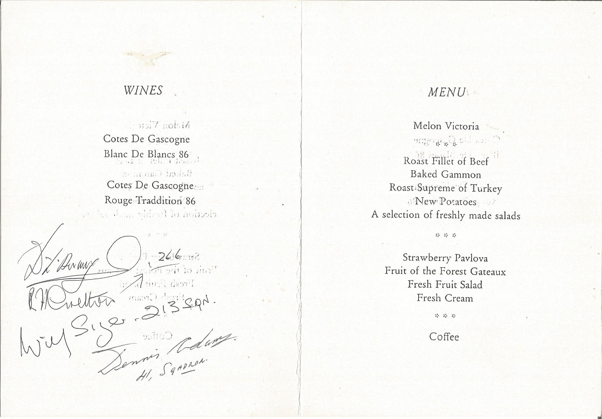 Battle of Britain multisigned 50th ann Fighter Association Dinner Menu card, signed by D Armitage