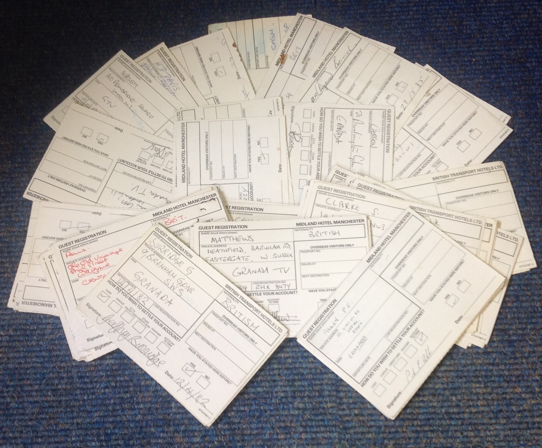 Granada tv signed guest registration cards. 60+ cards. Some of signatures are Norman Swallow, Julian