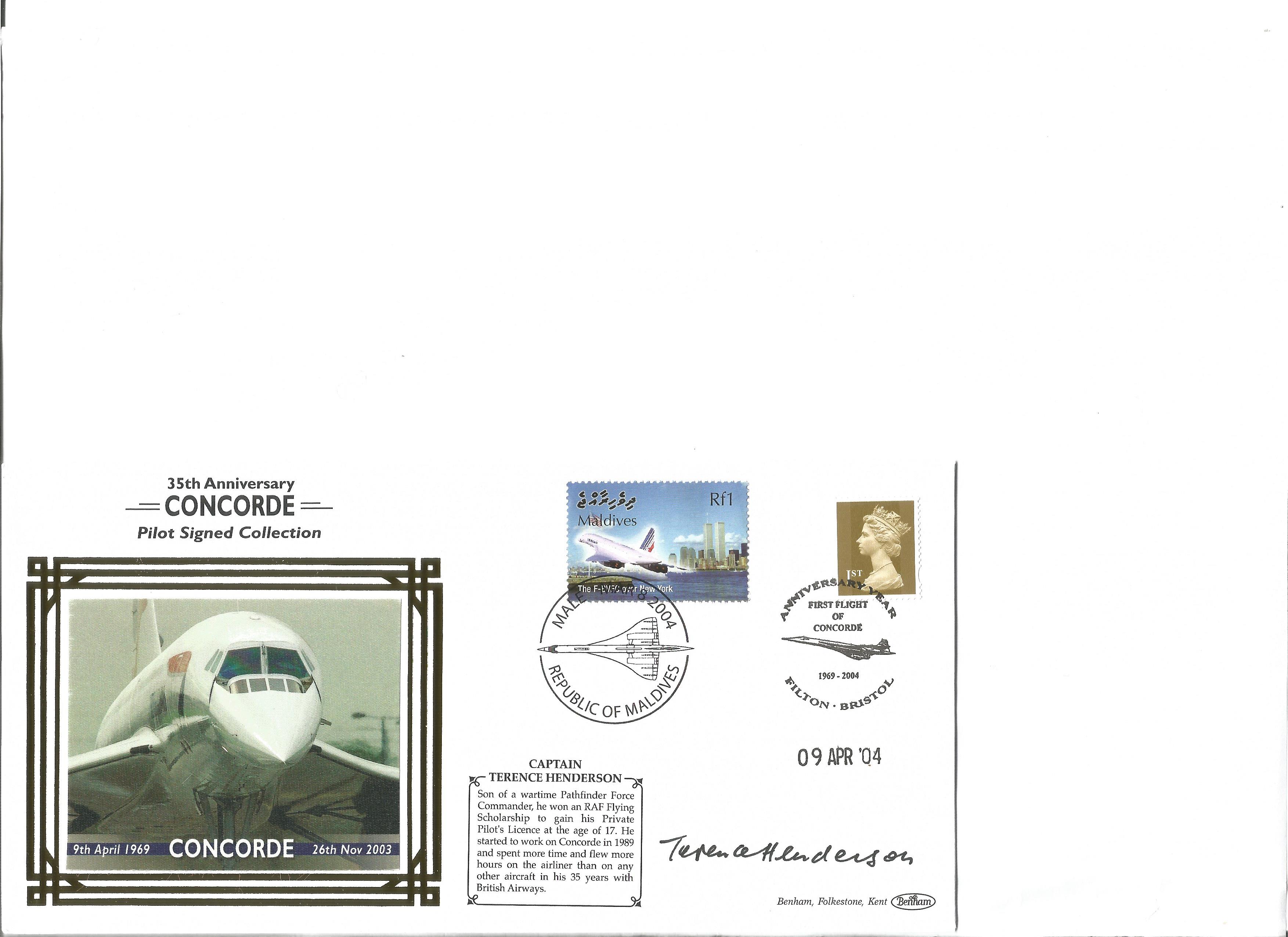 Cptn Terence Henderson signed 35th anniv Concorde cover. Good Condition. All signed pieces come with