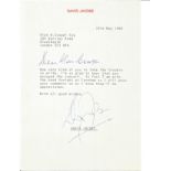 David Jacobs signed typed letter regarding a concert at Fareham to WW2 book author Alan Cooper. Good