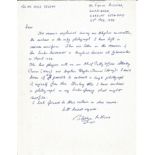 WW2 pilot, Rugby star Bleddyn Williams handwritten signed letter to WW2 book author Alan Cooper.