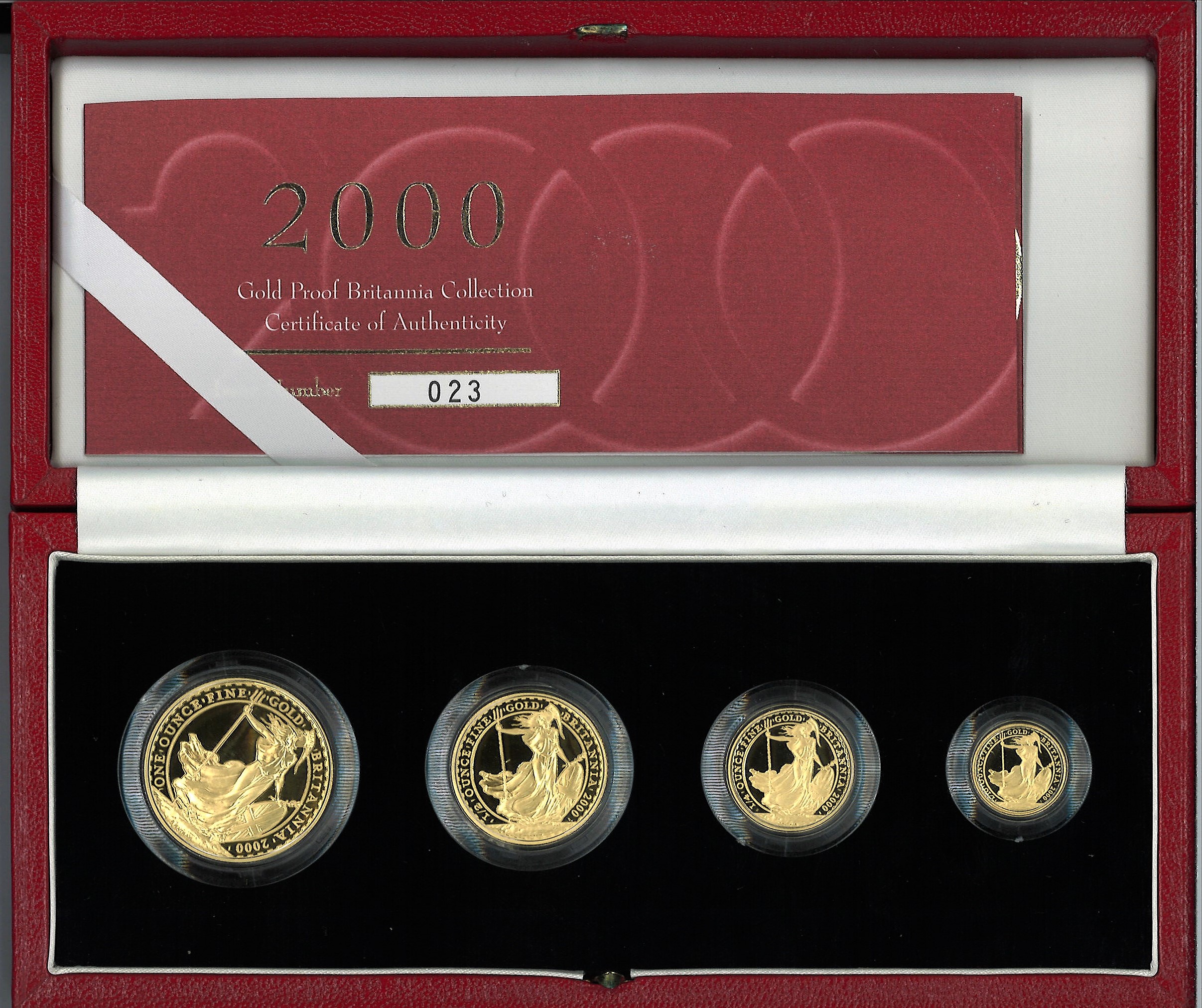 2000 Britannia Gold Proof Collection. 4 coins 22 Ct £100, 1oz, £50 1/2 oz, £25 1/4oz, £10 1/10oz. In