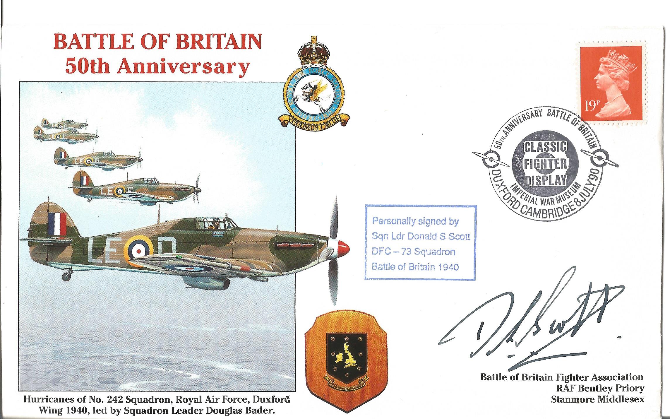 Sqn Ldr. Donald Scott DFC No. 73 Sqn, Battle of Britain signed 50th Anniversary Battle of Britain.