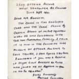 RAYMOND COLLISHAW Hand written and signed letter on a sheet of notepaper measuring 10x8 inches,
