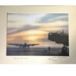 World War Two 15x22 mounted print picturing two Lancasters on the airfield as the sun breaks through