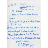 COLDITZ SENIOR BRITISH OFFICER Hand written letter on 8x6 inch notepaper signed by Colonel David