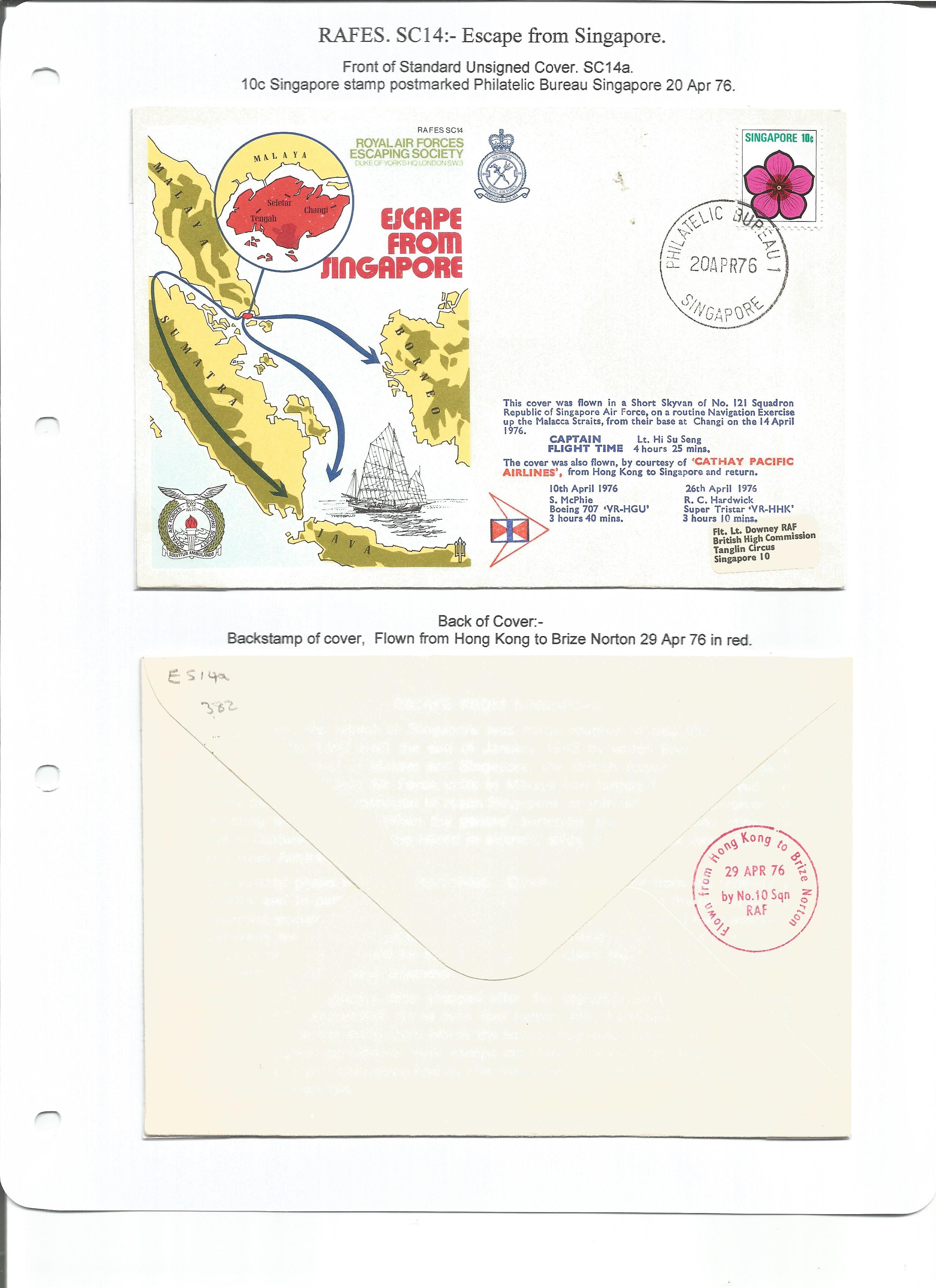 Two standard unsigned RAF escapers covers Escape from Singapore SC14a. 10c Singapore stamp