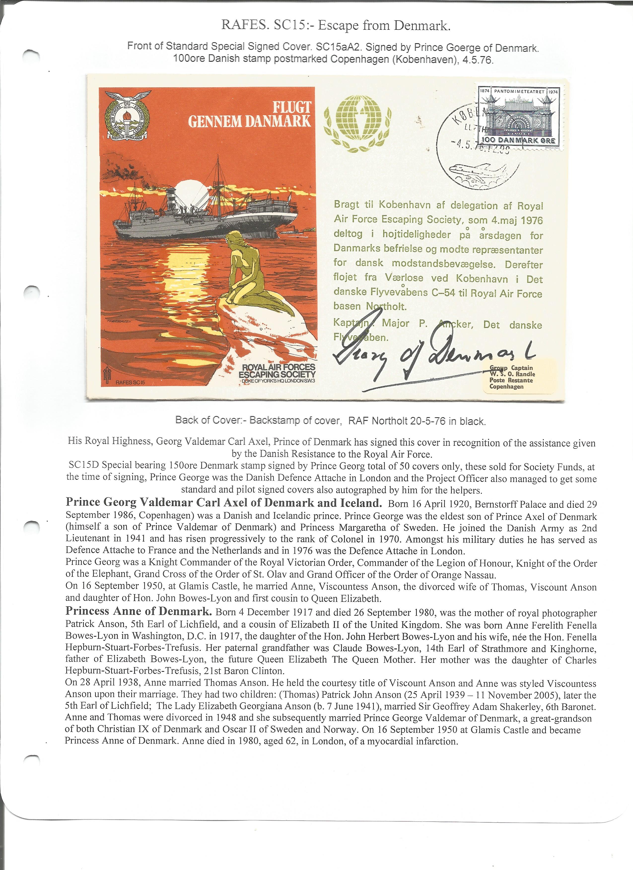 Prince George of Denmark signed special Escape from Denmark RAF escapers cover SC15aA2. 100ore