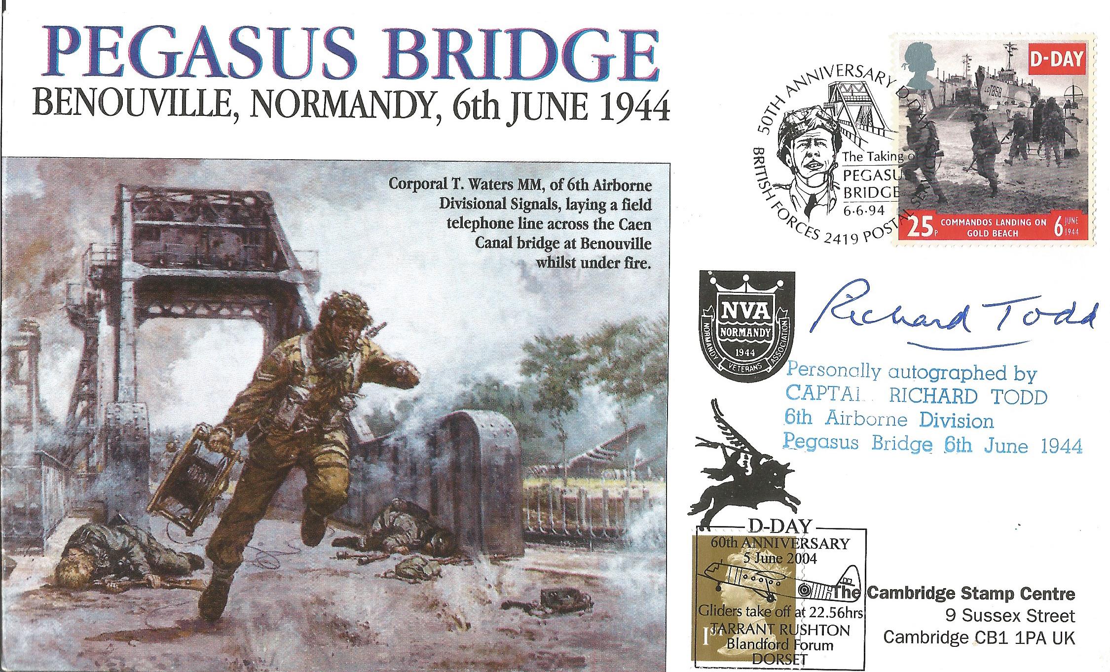 D Day Captain Richard Todd 6th Airborne Div, Pegasus Bridge signed Pegasus Bridge, Benouville,