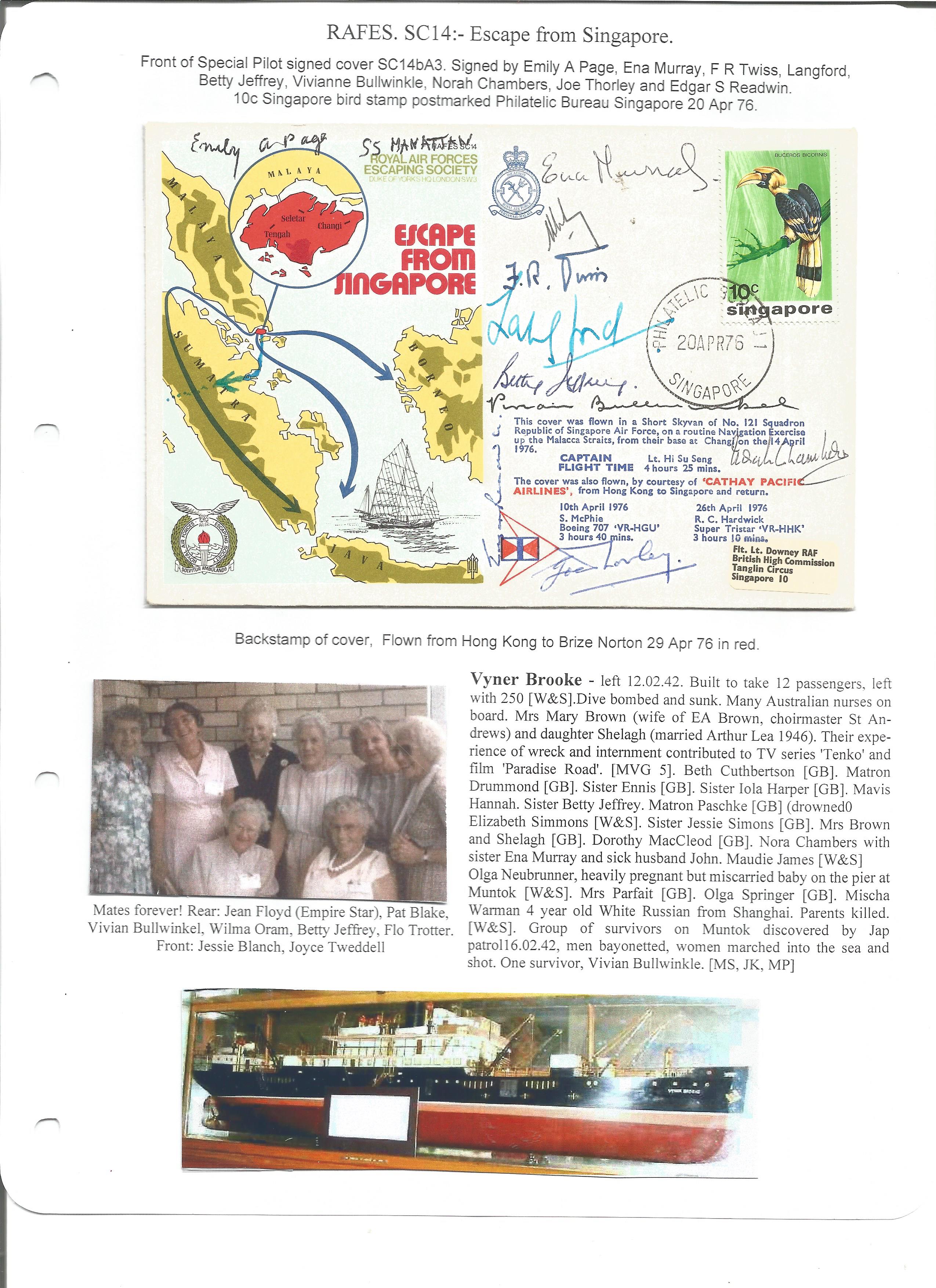 Multi signed RAF escapers cover SC14bA3 Escape from Singapore special cover. Signed by Emily A Page,