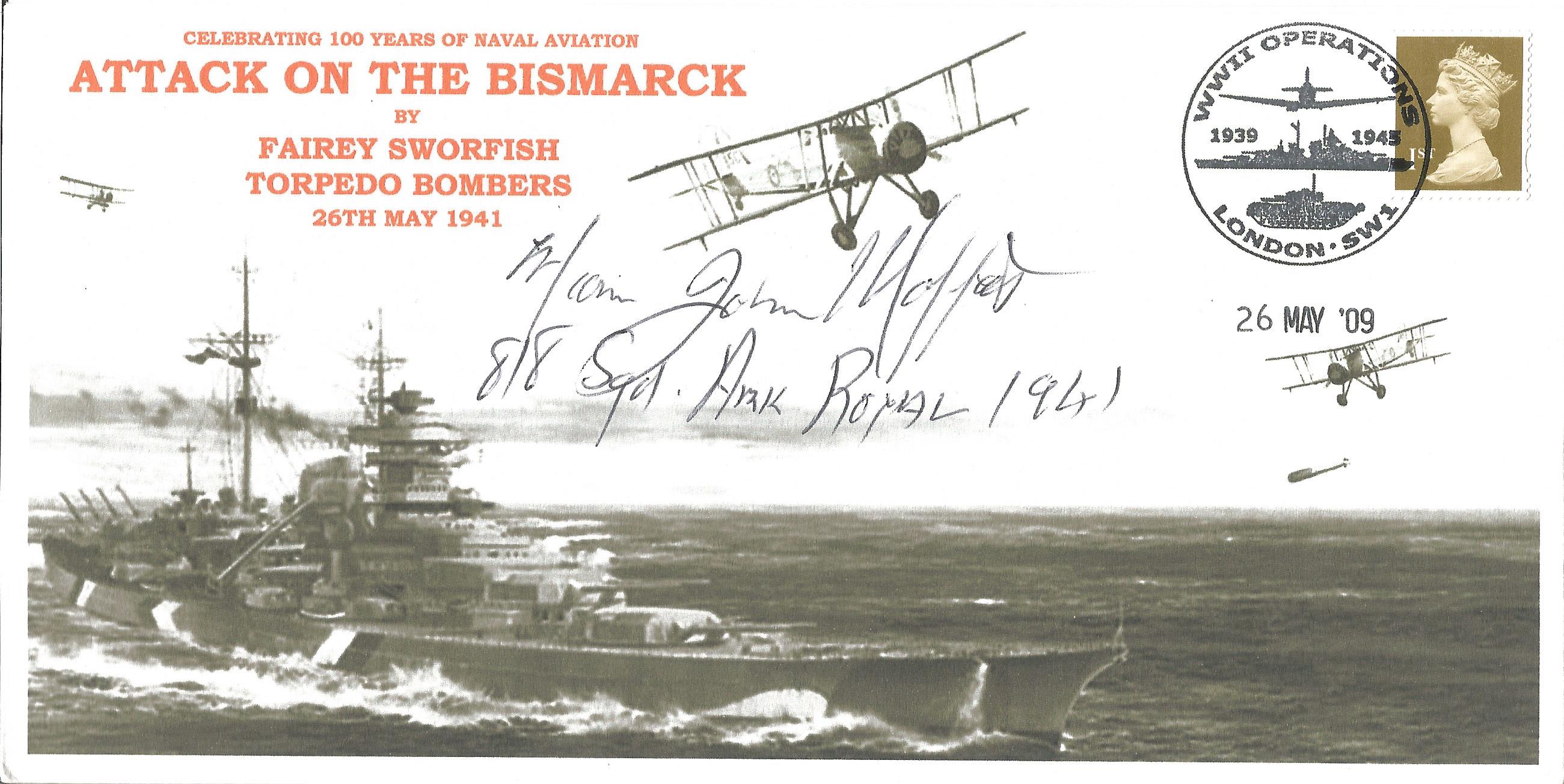 Lt Cdr. John Moffat No. 818 Sqn, Swordfish pilot, famous for crippling the Bismarck signed Specially